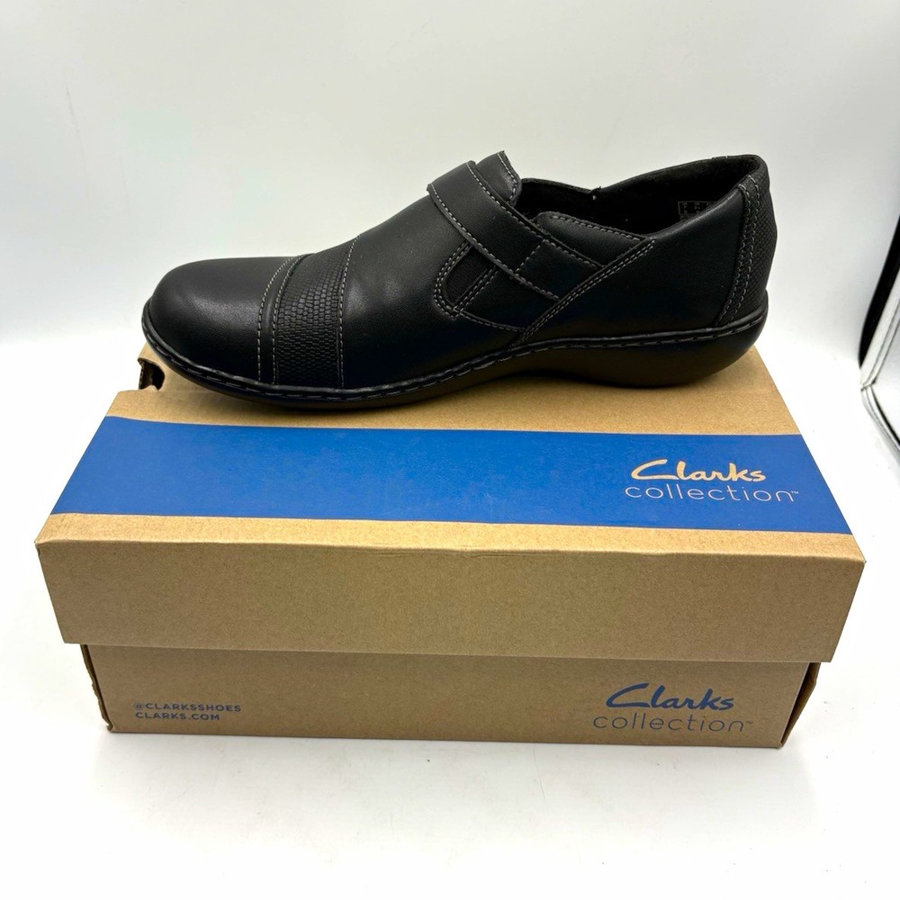 Clarks Ashland Gem Black Leather Mary Jane Cushioned Hook & Loop Women's 9.5M
